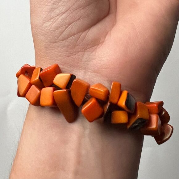 Unbranded Women's Orange Tagua Nut Rectangular Bead Stretch Bracelet NWOT - Picture 6 of 12